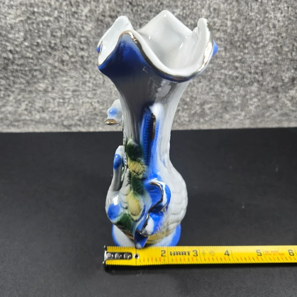 Porcelain Swan Vase Blue White‎ Floral Gold Trim Vintage Decor